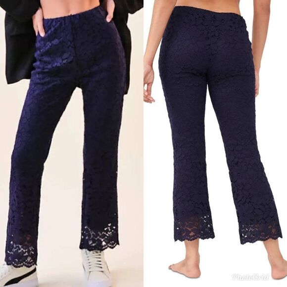 Free People Pants - Revolve Free People Disco Lace Indigo Wild Laces Pull On Flare Pants